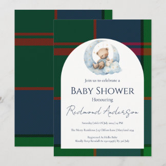 Invitation Ours bleu et vert classique à carreaux pour la bab