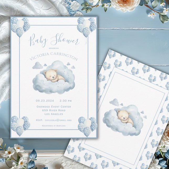 Invitation Ours bleu sur un nuage Aquarelle bébé garçon douch (Créateur téléchargé)