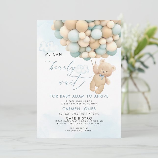 Invitation Ours bleu Teddy avec ballons Baby shower Invitatio (Debout devant)