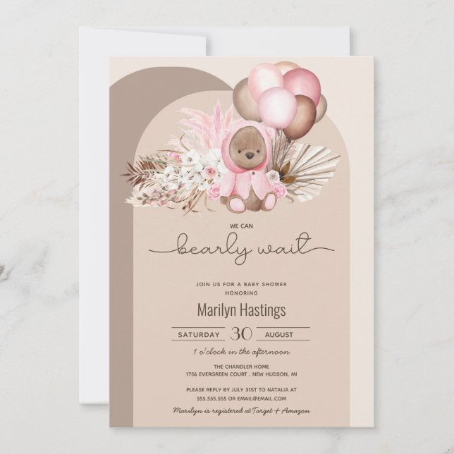 Invitation Ours Boho, On Peut Attendre Le Baby shower Rose (Devant)