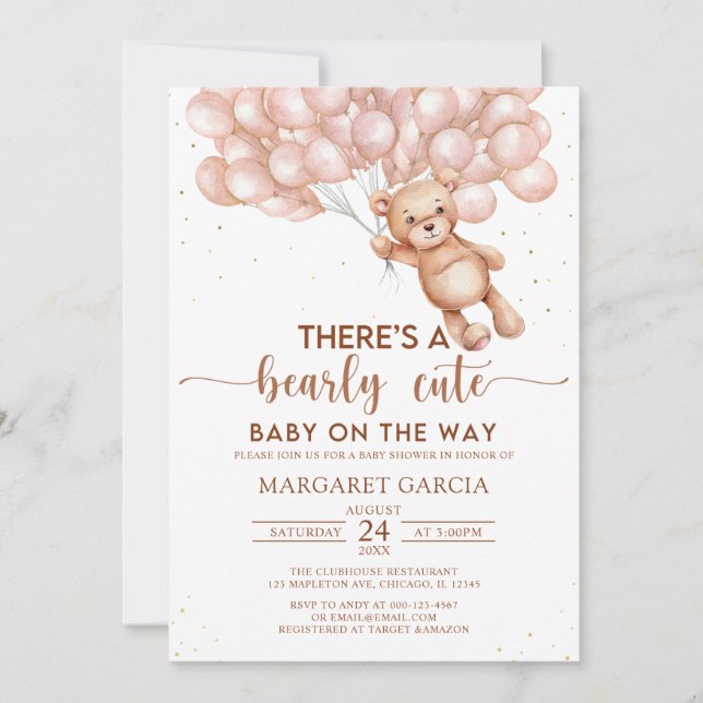Invitation Ours Brown avec ballons Baby shower Ours en peluch (Devant)