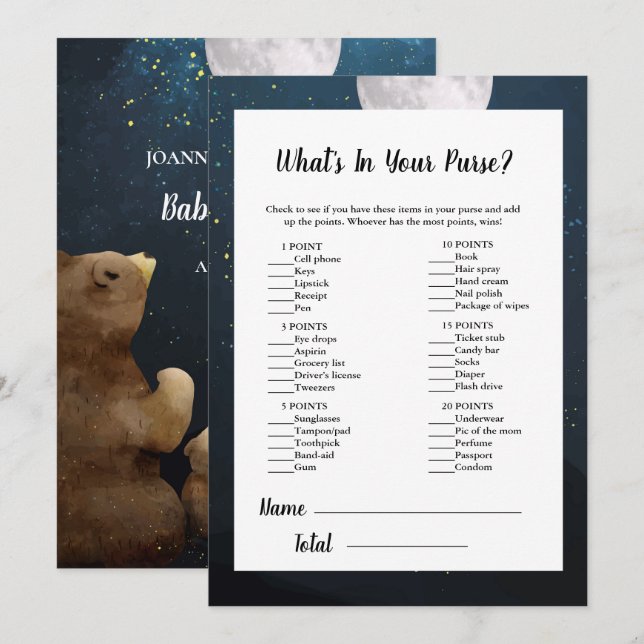 Invitation Ours ce qui est dans votre sac jeu de Baby shower (Devant / Derrière)