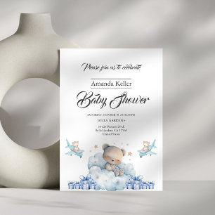 Invitation Ours couché et Baby shower bleu nuage