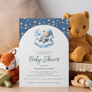 Invitation Ours couché nuage & étoiles bleu garçon baby showe