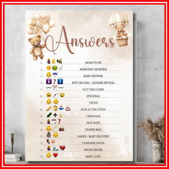 Invitation Ours d'aquarelle de Baby shower PICTIONNAIRE EMOJI (Créateur téléchargé)