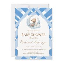 Ours de baby shower pour garçon à carreaux bleus