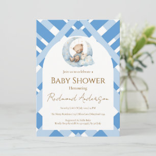 Invitation Ours de baby shower pour garçon à carreaux bleus