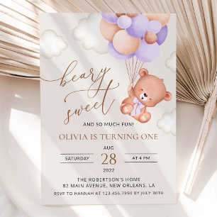Invitation Ours De Bébé, Ballons Violets, Premier Anniversair