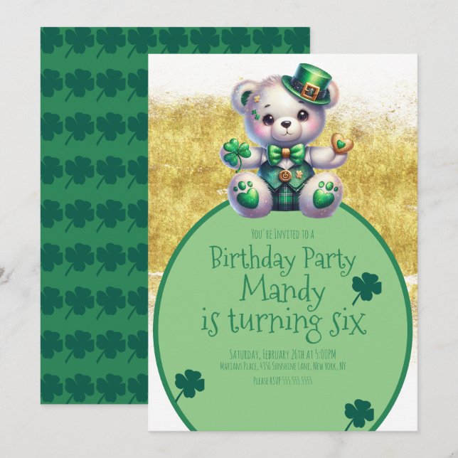 Invitation Ours de la Saint-Patrick Anniversaire Gold Green (Devant / Derrière)