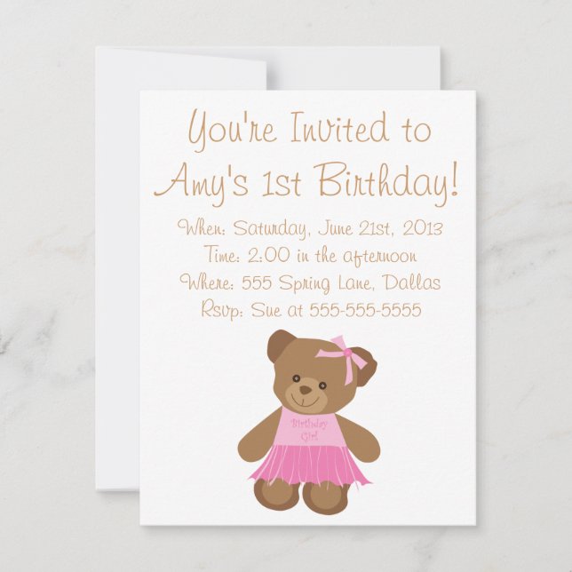 Invitation Ours de nounours d'anniversaire avec le tutu rose (Devant)