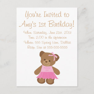 Invitation Ours de nounours d'anniversaire avec le tutu rose