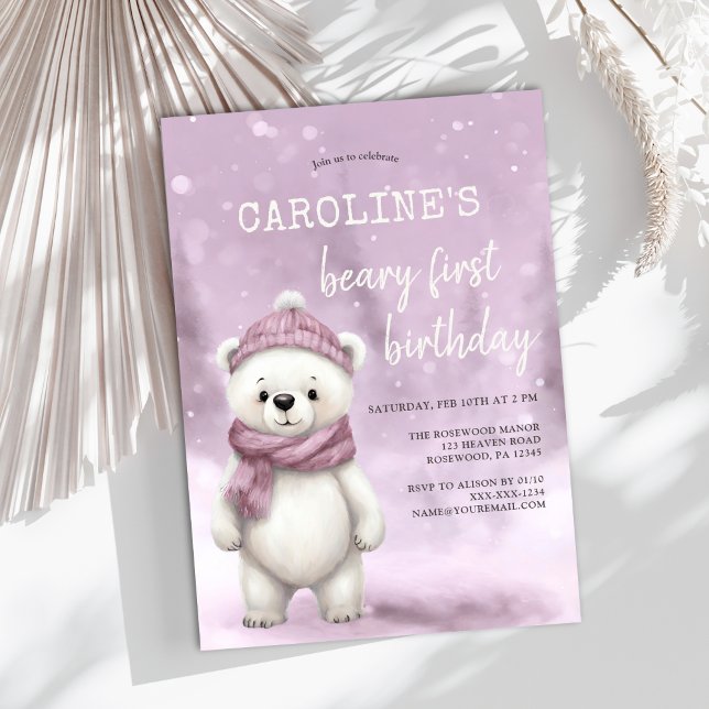 Invitation Ours d'hiver Pink Baby Girl Premier anniversaire (Créateur téléchargé)