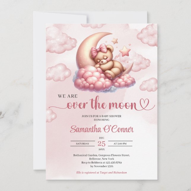 Invitation Ours d'or rose tendance sur le Baby shower de lune (Devant)