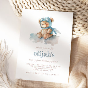 Invitation Ours en aquarelle bleue pour le 1er anniversaire d