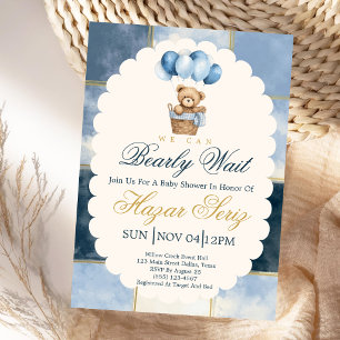 Invitation Ours en Attente Ours en Ballon Bleu Baby Shower