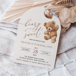 Invitation Ours En Joue, Ballons Bleus, Premier Anniversaire