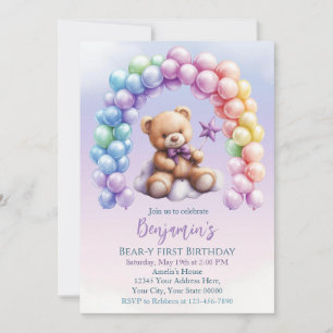 Invitation Ours en peluche 1er anniversaire Ballons colorés