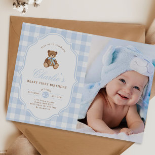 Invitation Ours en peluche à carreaux bleus Beary First Birth