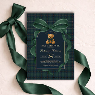 Invitation Ours en peluche à nœud papillon vert Polo carreaux