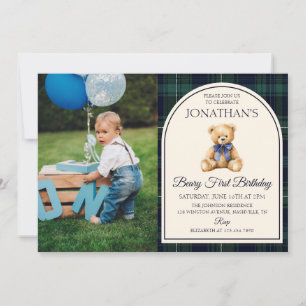 Invitation Ours en peluche à ruban bleu Tartan Photo Annivers