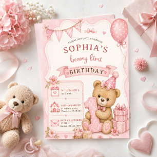 Invitation Ours en peluche à ruban rose tartan anniversaire