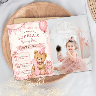 Invitation Ours en peluche à ruban rose tartan Photo d'annive
