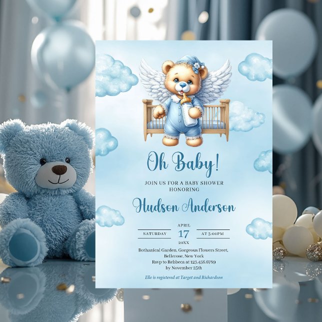 Invitation Ours en peluche ailes avec bébé berceau (teddy bear angel in  baby crib - boy baby shower invitation)