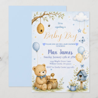 Invitation Ours en peluche aquarelle abeille bébé garçon Baby