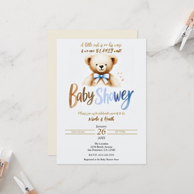 Invitation Ours en peluche aquarelle bleu bébé shower  (Devant/Arrière en situation)