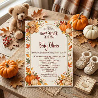 Invitation Ours en peluche automnal rustique pour Baby Shower