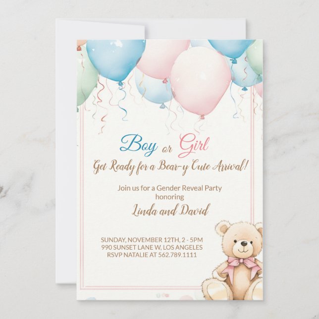 Invitation Ours en peluche avec Baby shower à ballons (Devant)