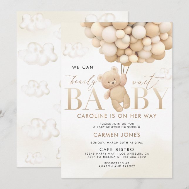 Invitation Ours en peluche avec ballons Baby shower Invitatio (Devant / Derrière)