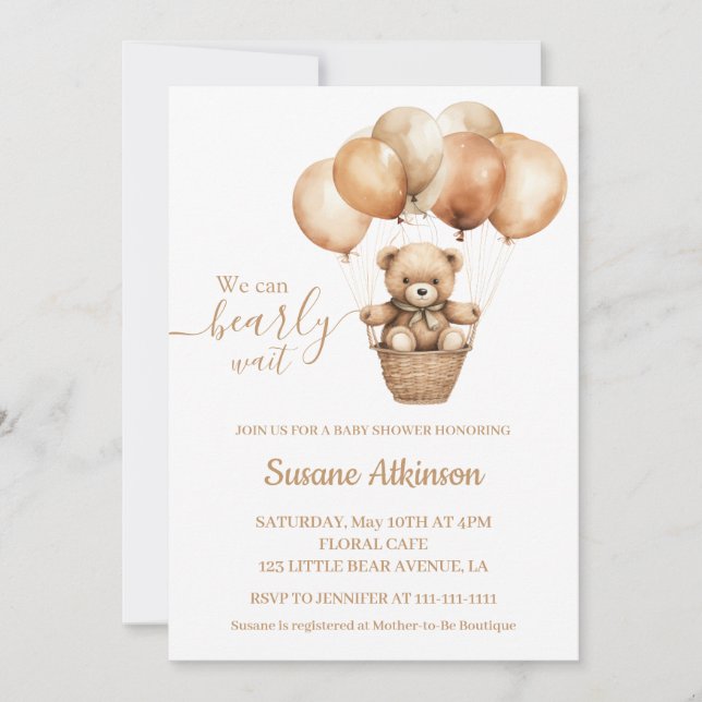 Invitation Ours en peluche avec ballons Baby shower neutre Bo (Devant)