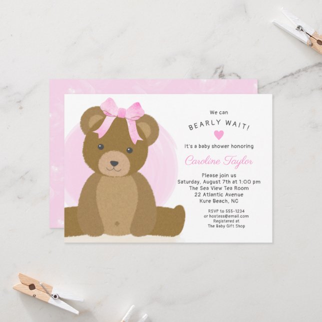 Invitation Ours en peluche avec mignonne cabot rose bébé fill (Devant/Arrière en situation)