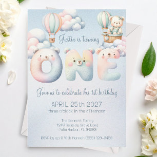 Invitation Ours en peluche Ballon Aérien Nuages pour le 1er A