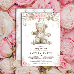 Invitation Ours en peluche beige adorable aquarelle fleurs ro
