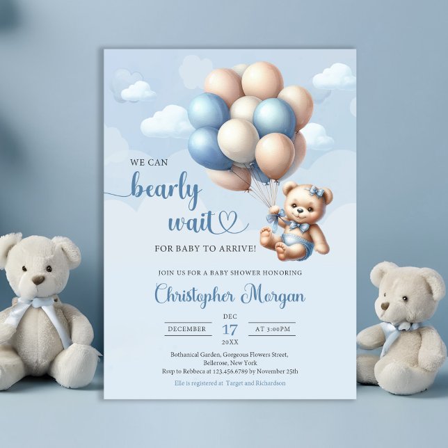 Invitation Ours en peluche bleu et marron avec ballons (We can bearly wait - boy baby shower invitation teddy bear blue and brown balloons)