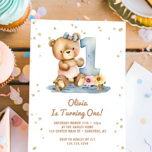 Invitation Ours en peluche bohème aquarelle 1er anniversaire