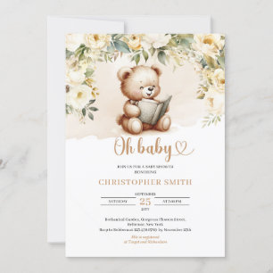 Invitation Ours en peluche Boho lisant un livre vert et marro