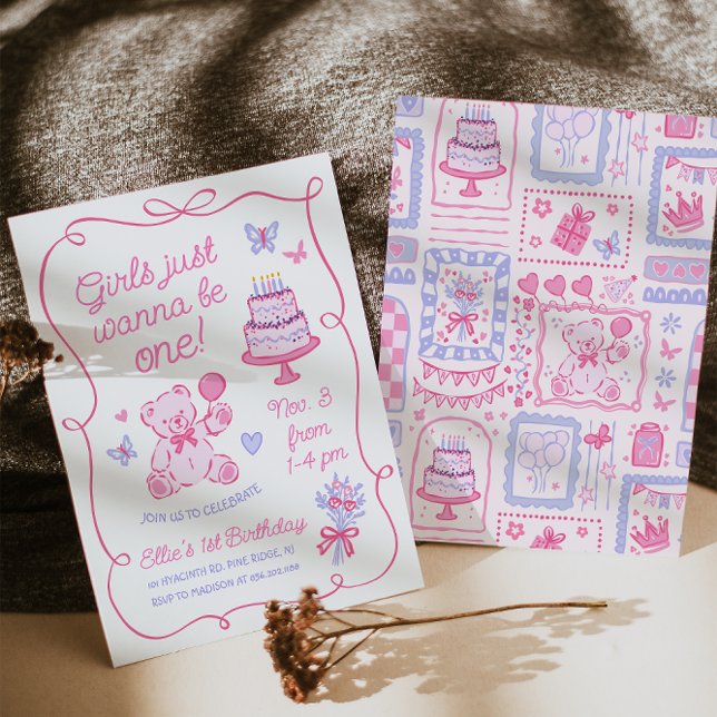 Invitation Ours en peluche coquette fantaisiste rose dessinée (Créateur téléchargé)