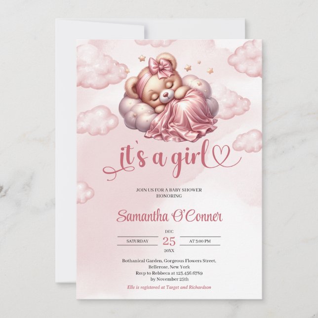 Invitation Ours en peluche doré rose C'est un Baby shower fil (Devant)