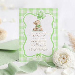 Invitation Ours en peluche Élégant Gingham Vert Sauge Baby Sh