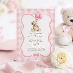 Invitation Ours en peluche Élégant Pastel Rose Gingham Baby S
