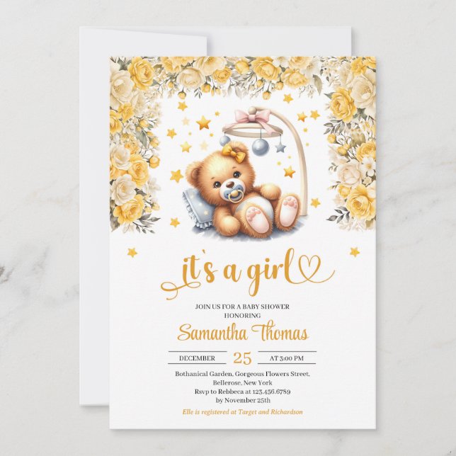 Invitation Ours en peluche en berceau fleurs jaunes fille bab (Devant)