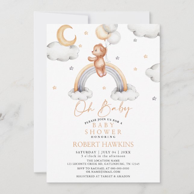 Invitation ours en peluche et Baby shower arc-en-ciel Boho (Devant)