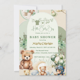 Invitation Ours en peluche et ballons bébé garçon douche Invi