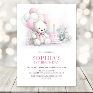 Invitation Ours en peluche fille avec ballons 1er anniversair