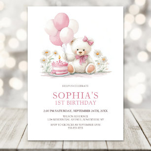 Invitation Ours en peluche fille avec ballons roses pour le 1