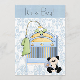 Invitation Ours en peluche lit bleu damassé Baby Shower