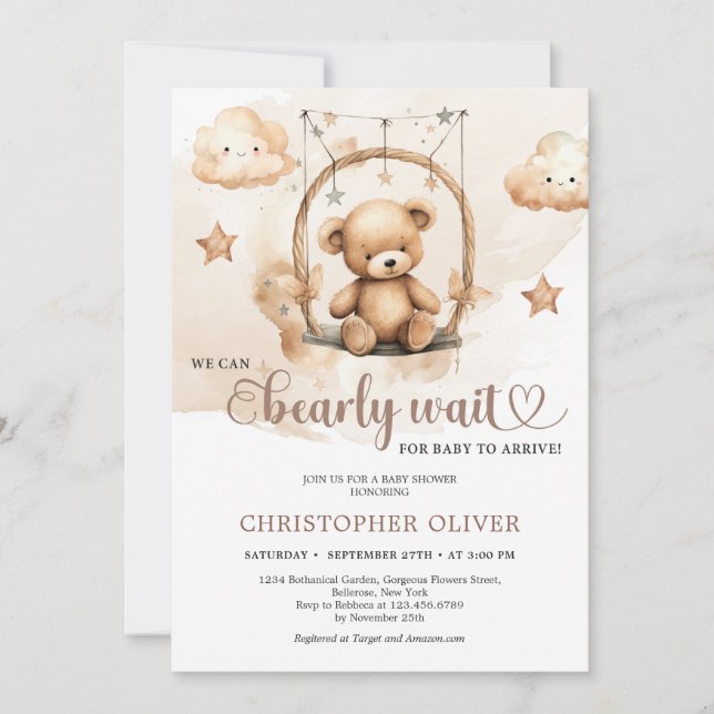 Invitation Ours en peluche neutre en terre cuite d'aquarelle (Devant)
